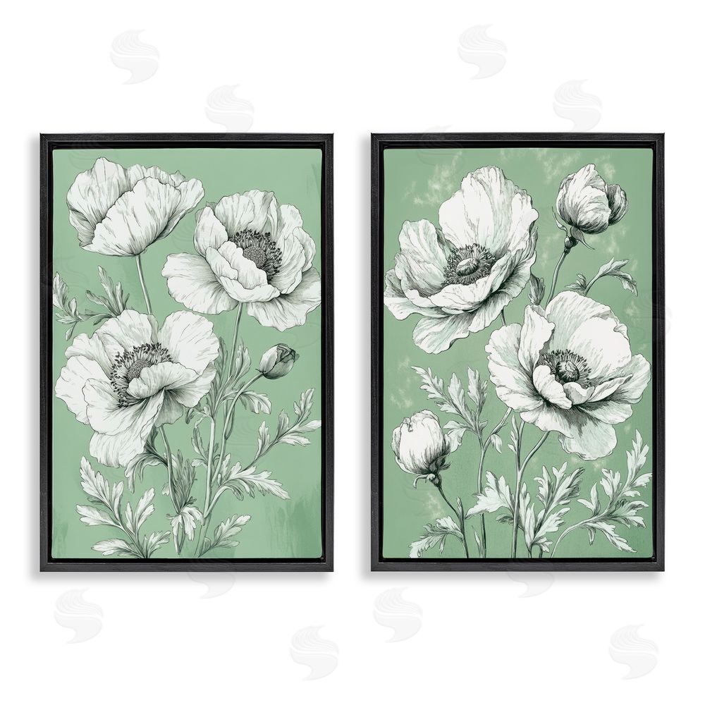 Petal Prints Design Vintage Green Poppy Florals Black Floating Frame Canvas Wall Art Print