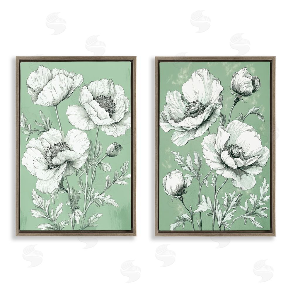 Petal Prints Design Vintage Green Poppy Florals Brown Floating Frame Canvas Wall Art Print
