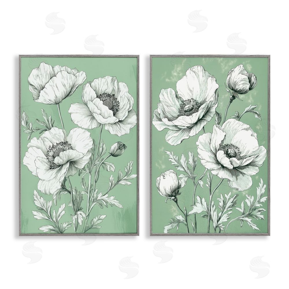 Petal Prints Design Vintage Green Poppy Florals Gray Framed Giclee Wall Art Print
