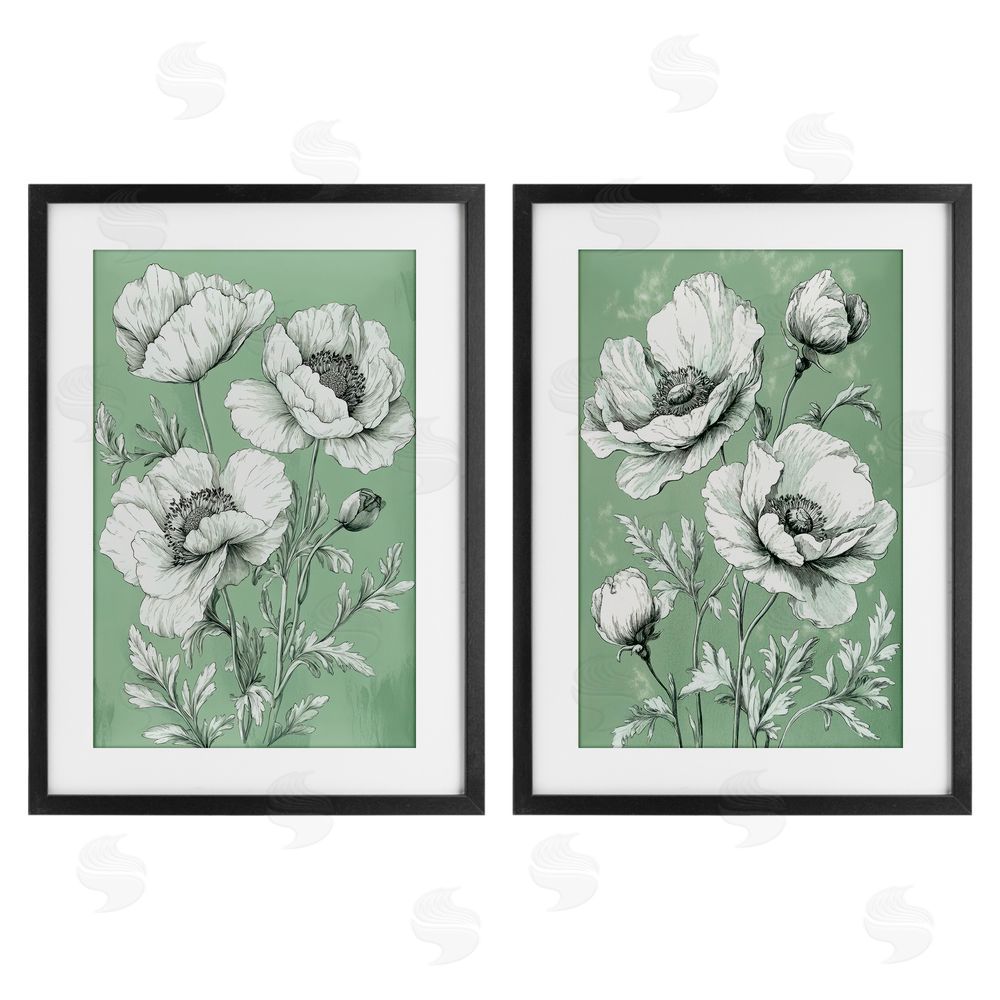 Petal Prints Design Vintage Green Poppy Florals Black Framed Print Under Glass with White Mat Wall Art
