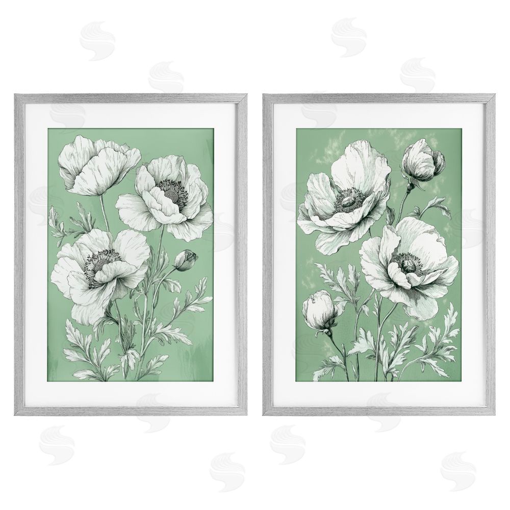 Petal Prints Design Vintage Green Poppy Florals Gray Framed Print Under Glass with White Mat Wall Art