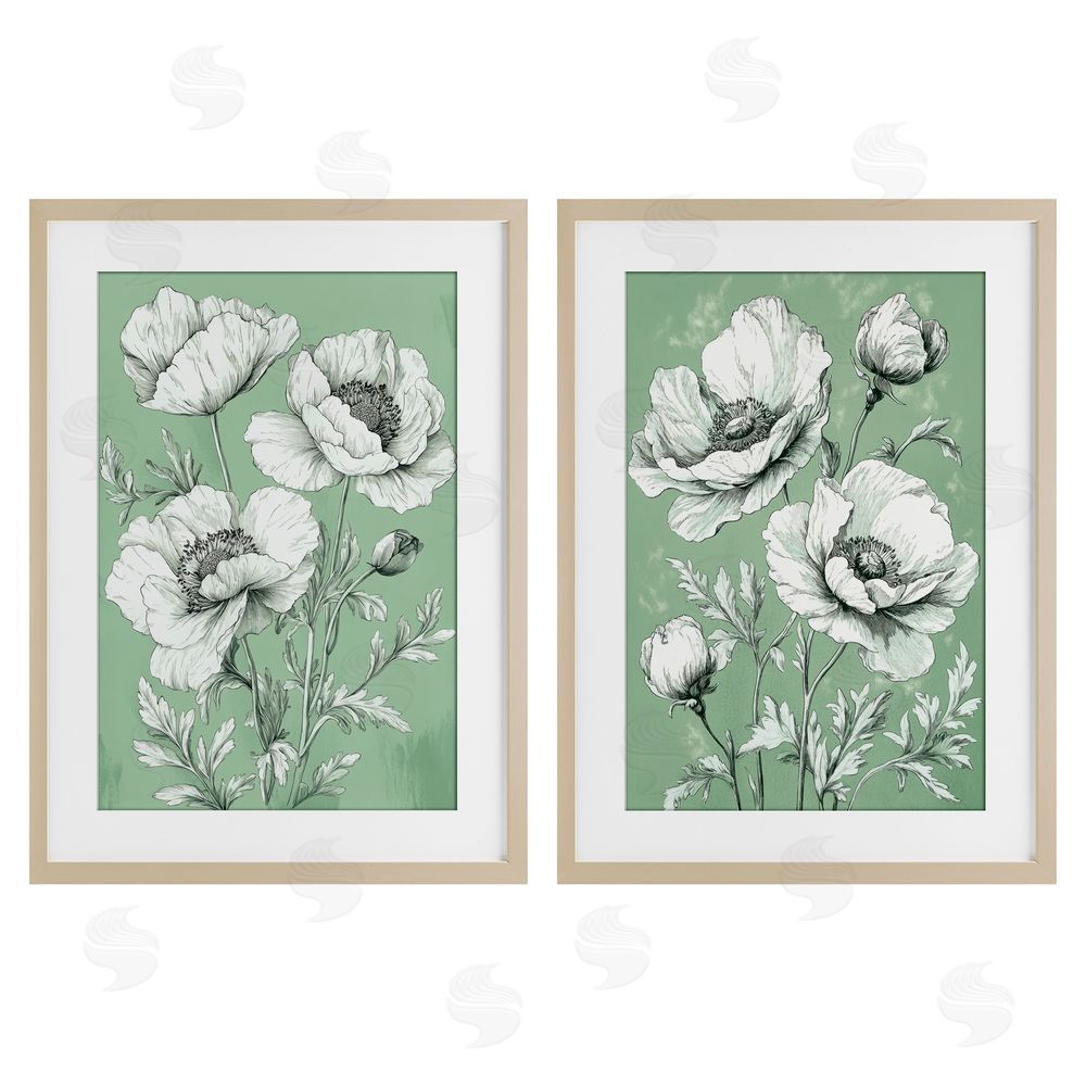 Petal Prints Design Vintage Green Poppy Florals Birch Framed Print Under Glass with White Mat Wall Art