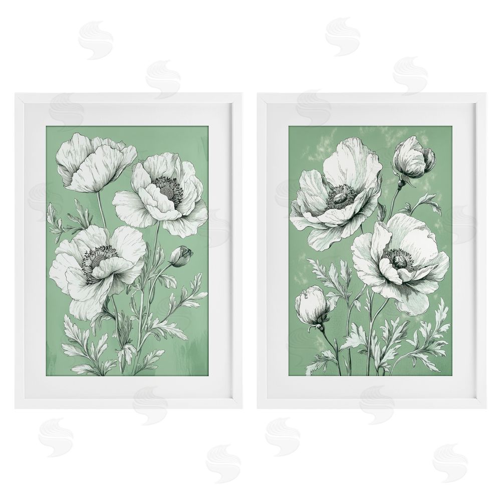 Petal Prints Design Vintage Green Poppy Florals White Framed Print Under Glass with Mat Wall Art