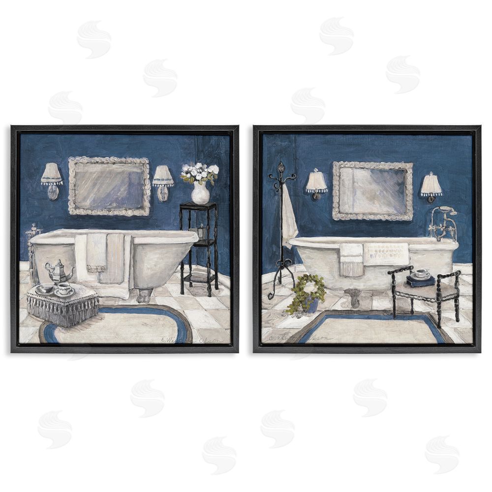 Charlene Olson Elegant Blue Bath Black Floating Frame Canvas Wall Art Set