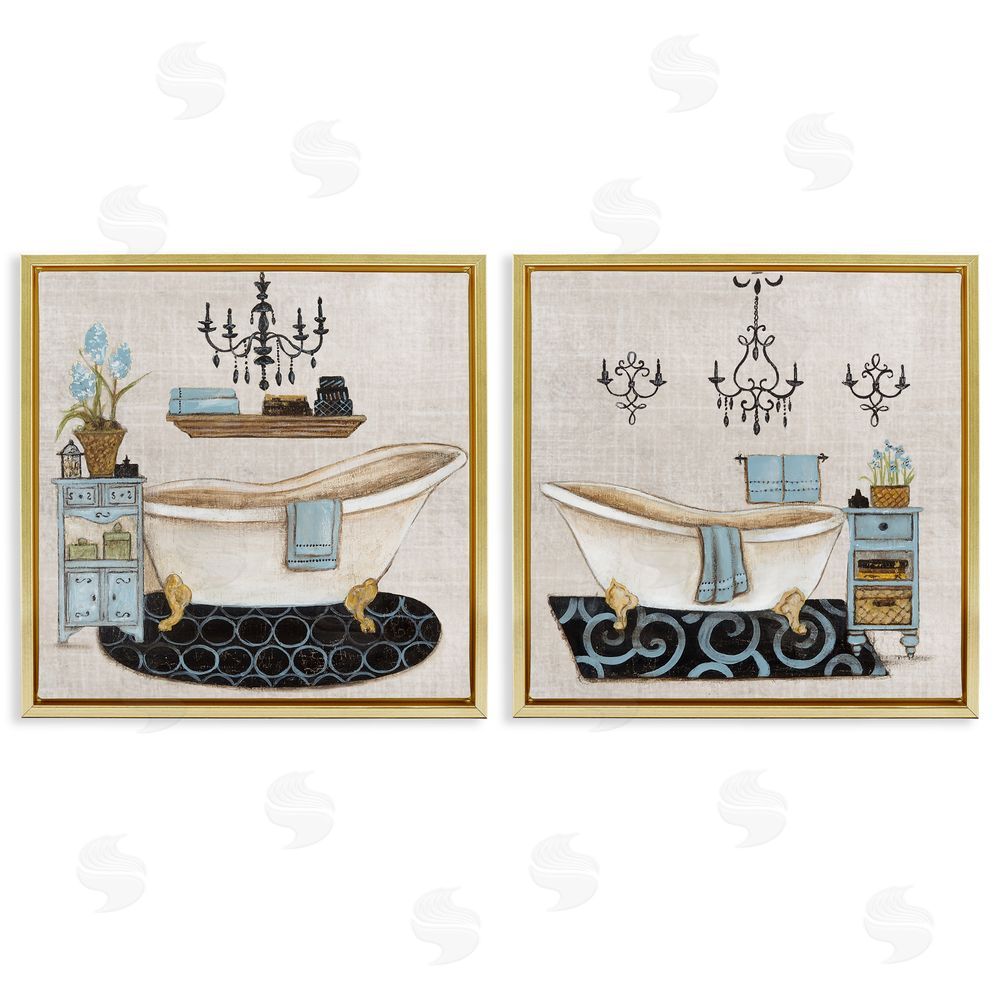 Janet Tava Blue Relaxation Bathroom Gold Floating Frame Canvas Art Set