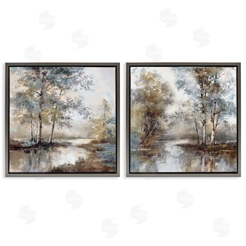 T.C. Chiu Meandering River Tree Scene Gray Floating Frame Canvas Art Set