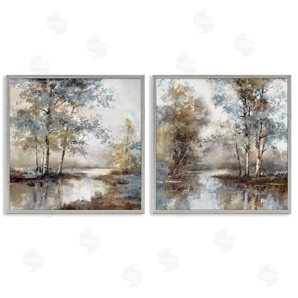 T.C. Chiu Meandering River Tree Scene Gray Framed Giclee Art Set