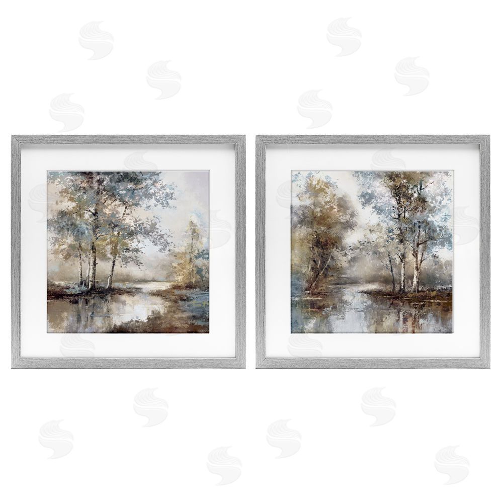 T.C. Chiu Meandering River Tree Scene Gray Framed Print Under Glass Set