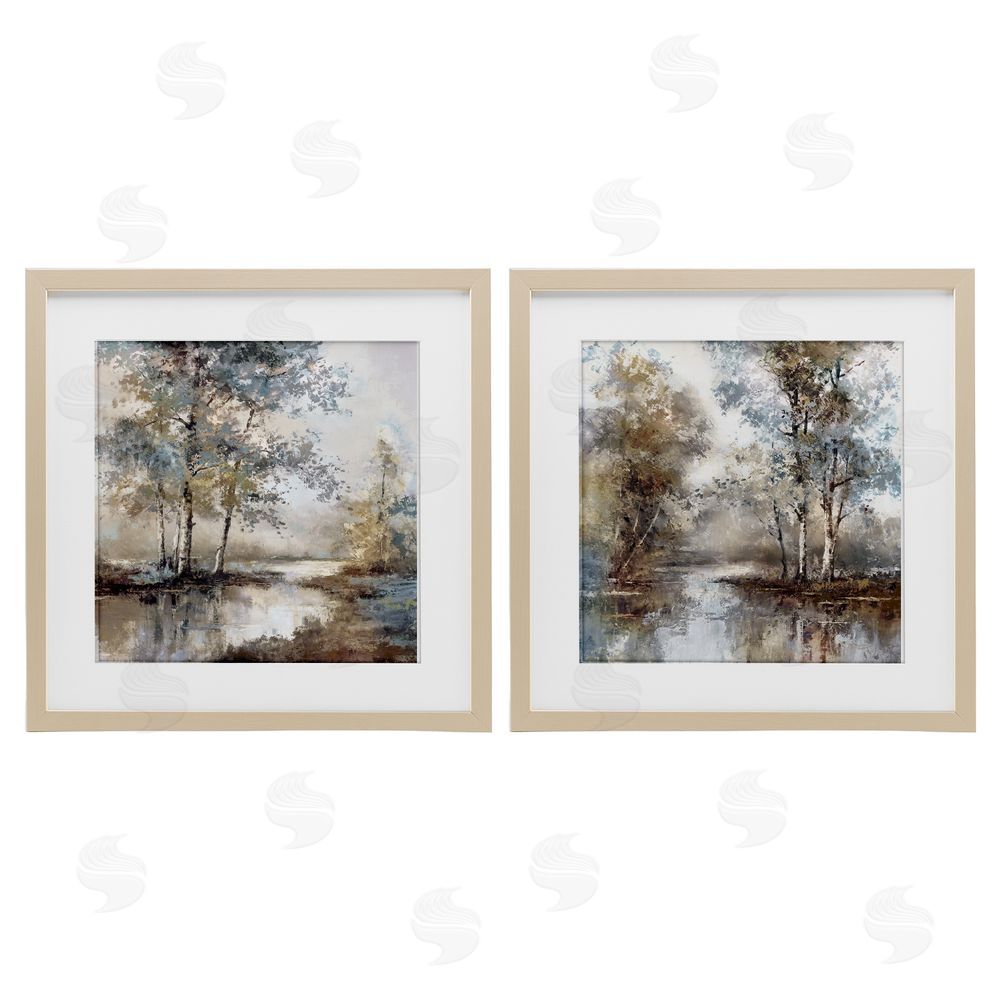 T.C. Chiu Meandering River Tree Scene Birch Framed Print Under Glass Set