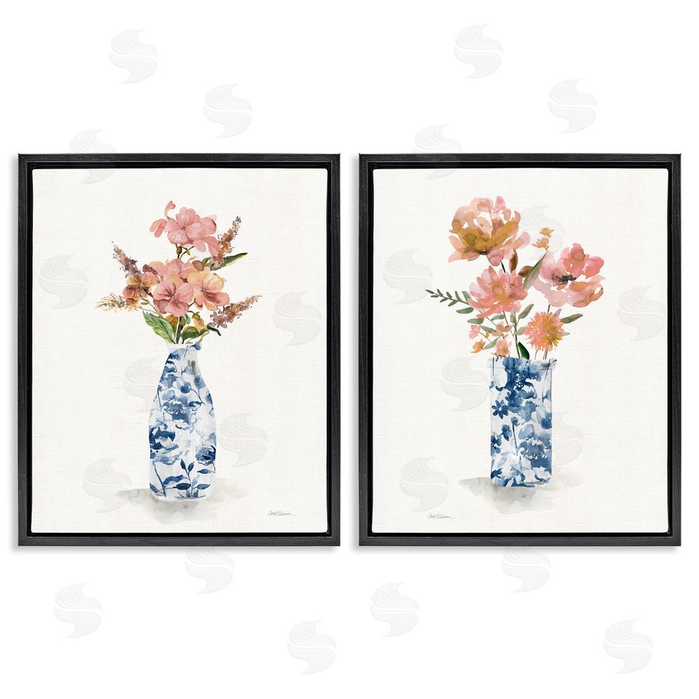 Carol Robinson Chinoiserie Florals Pink Bouquets Black Floating Frame Canvas Wall Art Set
