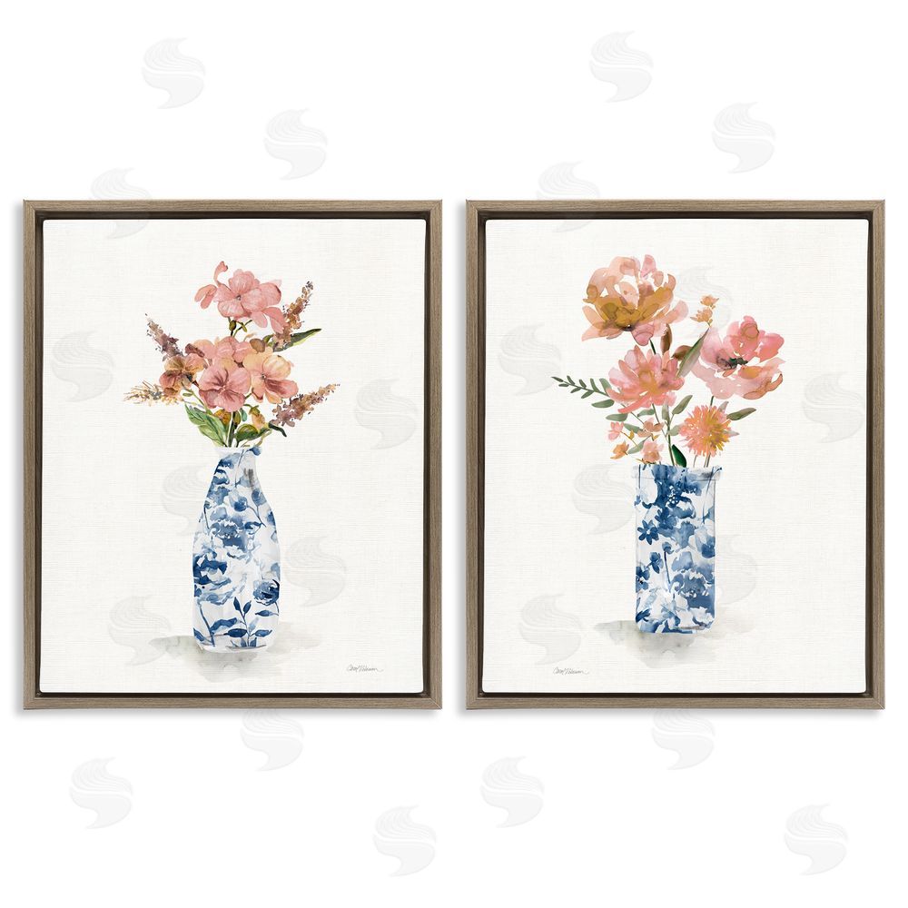 Carol Robinson Chinoiserie Florals Pink Bouquets Brown Floating Frame Canvas Art Set