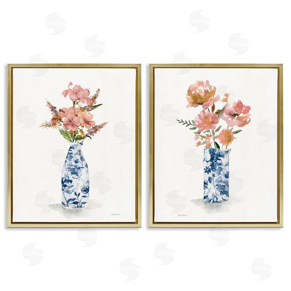 Carol Robinson Chinoiserie Florals Pink Bouquets Gold Floating Frame Canvas Art Set