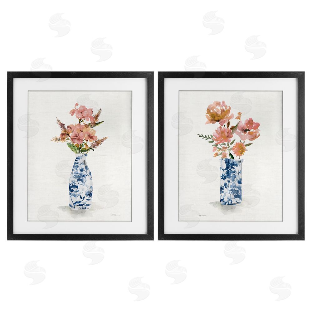 Carol Robinson Chinoiserie Florals Pink Bouquets Black Framed Print Under Glass Set