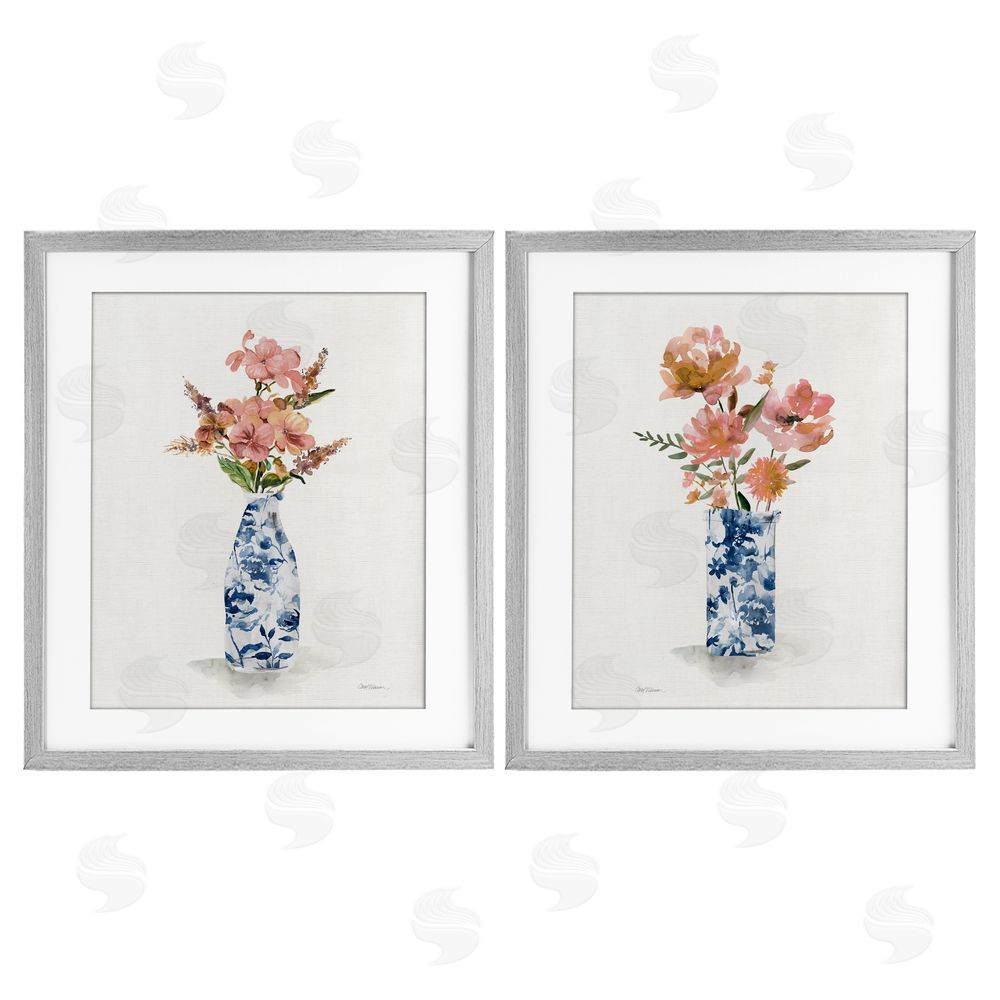 Carol Robinson Chinoiserie Florals Pink Bouquets Gray Framed Print Under Glass Set