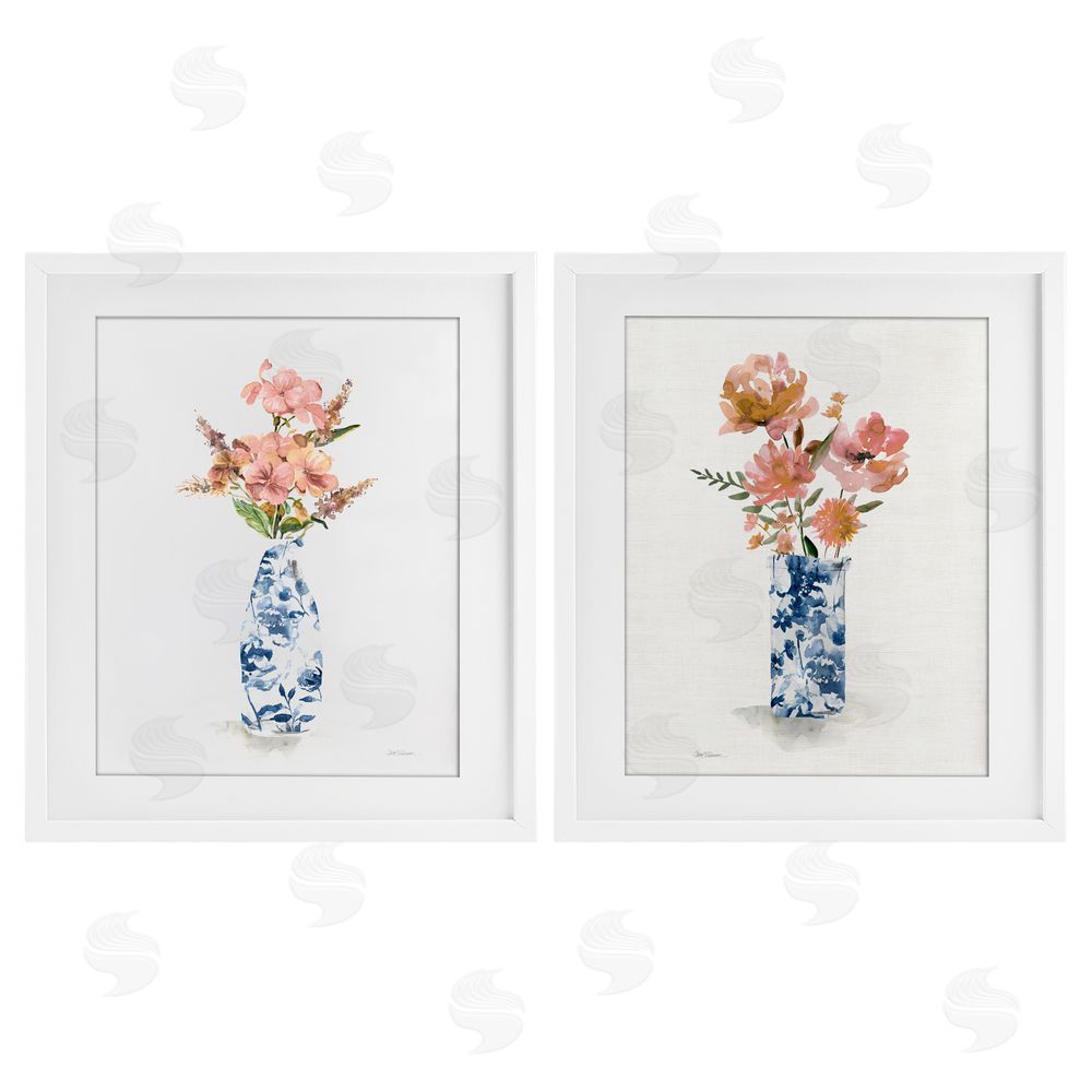 Carol Robinson Chinoiserie Florals Pink Bouquets White Framed Print Under Glass Set