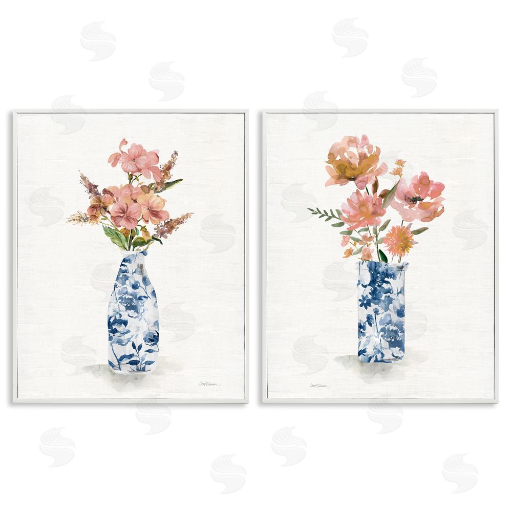 Carol Robinson Chinoiserie Florals Pink Bouquets White Frame Giclee Art Set