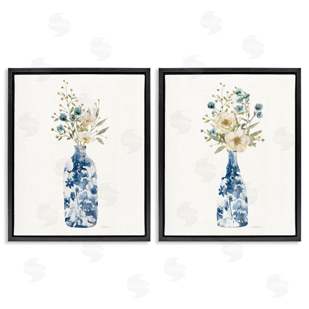 Carol Robinson Chinoiserie Blooms White Bouquets Black Floating Frame Canvas Wall Art Set