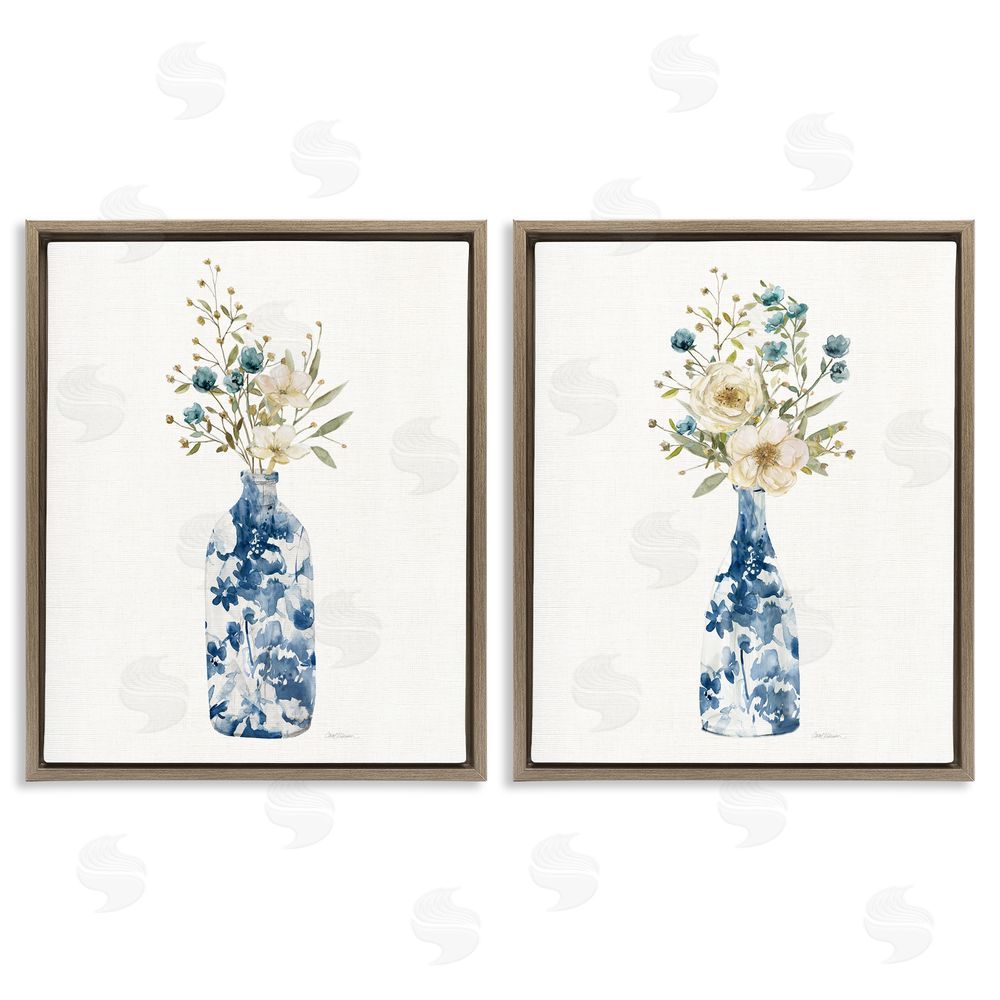 Carol Robinson Chinoiserie Blooms White Bouquets Brown Floating Frame Canvas Art Set
