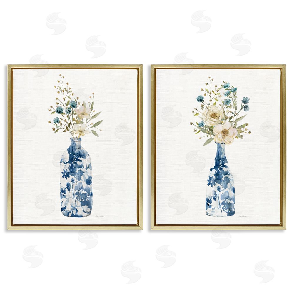 Carol Robinson Chinoiserie Blooms White Bouquets Gold Floating Frame Canvas Art Set
