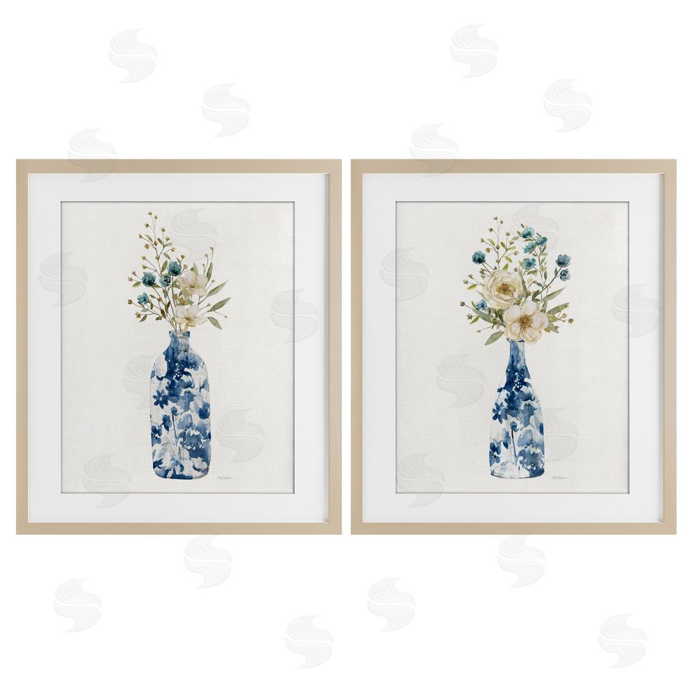 Carol Robinson Chinoiserie Blooms White Bouquets Birch Framed Print Under Glass Set