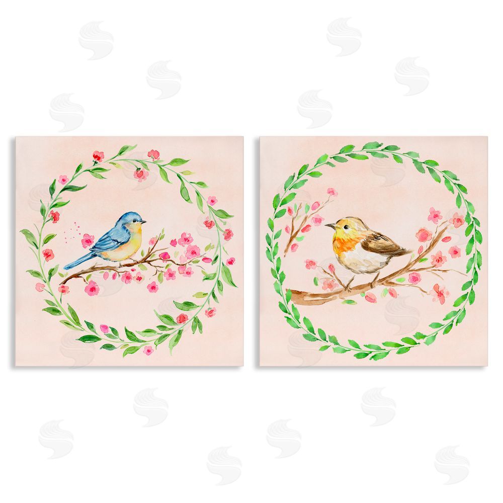 Elena Fay Spring Branches & Wreath Birds Stretched Canvas Wall Art Print