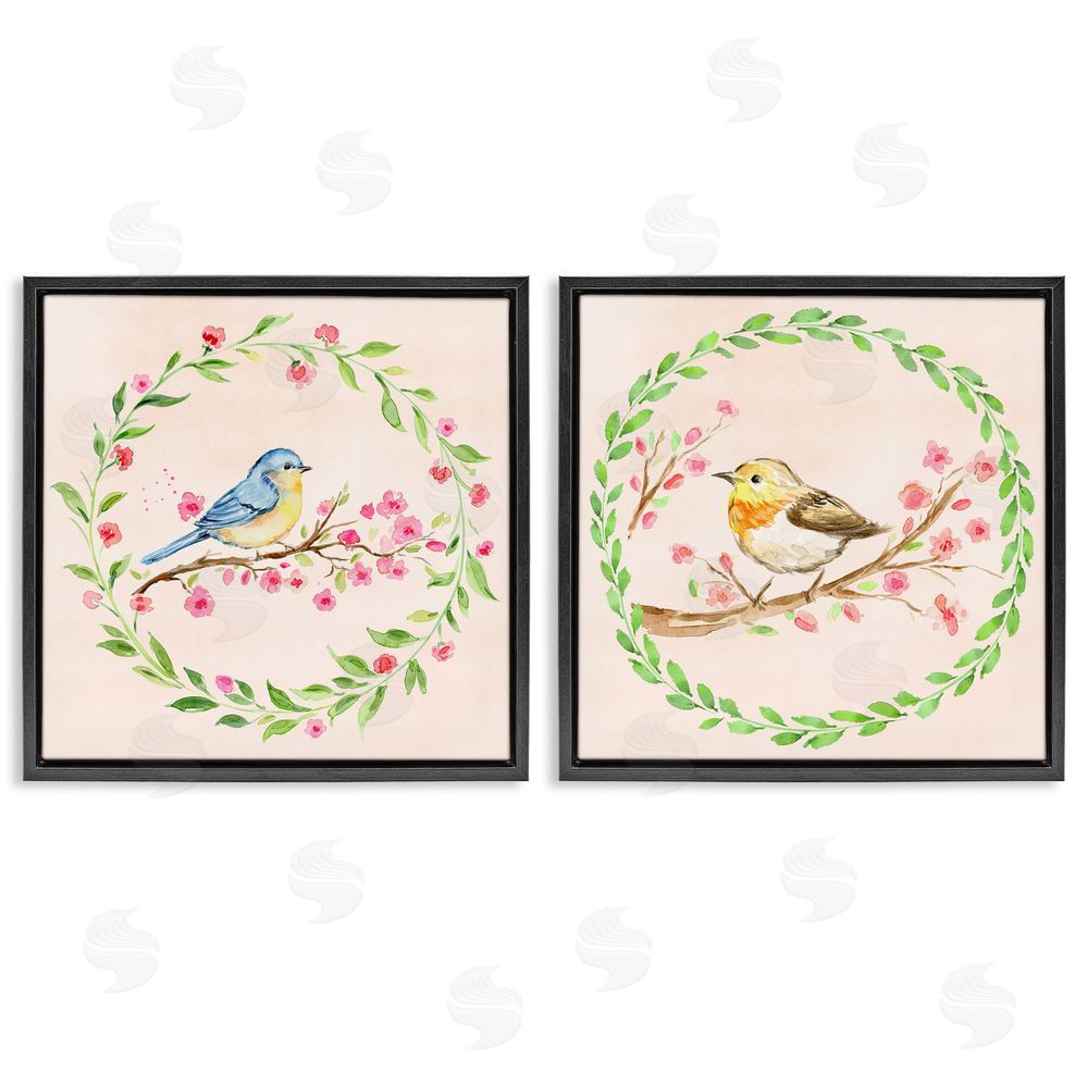 Elena Fay Spring Branches & Wreath Birds Black Floating Frame Canvas Wall Art Print