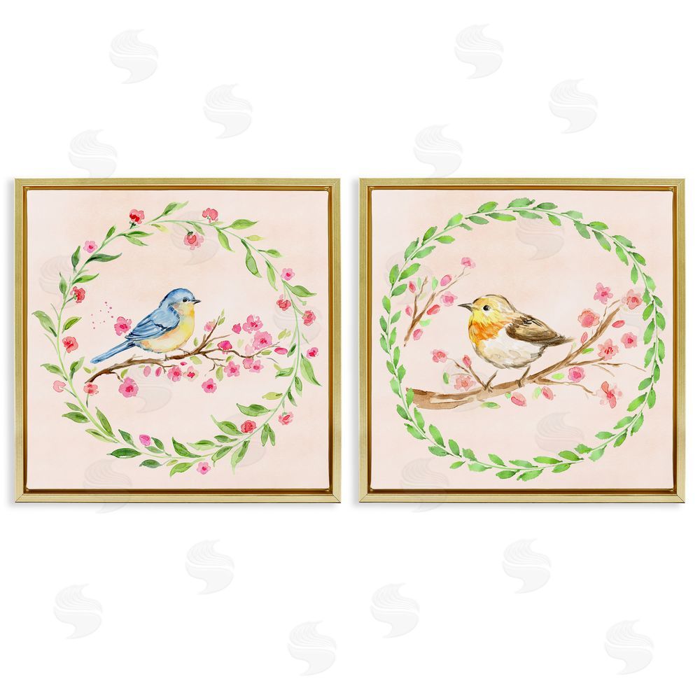 Elena Fay Spring Branches & Wreath Birds Gold Floating Frame Canvas Wall Art Print
