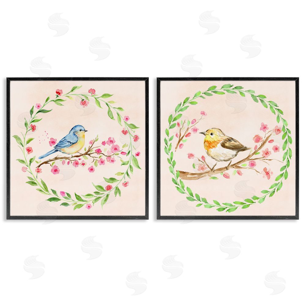 Elena Fay Spring Branches & Wreath Birds Black Framed Giclee Print Wall Art