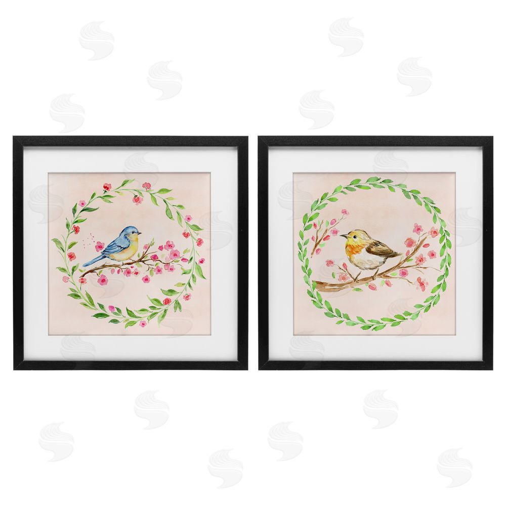 Elena Fay Spring Branches & Wreath Birds Black Framed Print Under Glass Wall Art