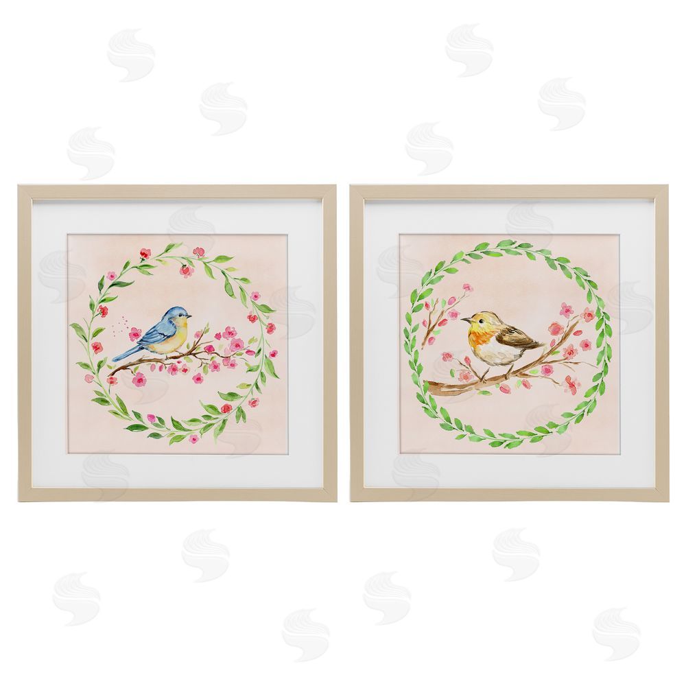 Elena Fay Spring Branches & Wreath Birds Brown Framed Print Under Glass Wall Art