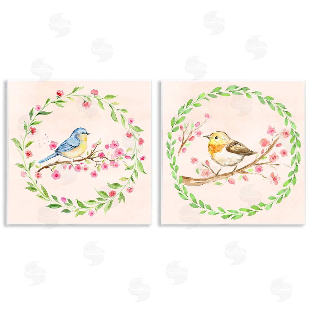 Elena Fay Spring Branches & Wreath Birds Wooden Wall Plaque Art Print