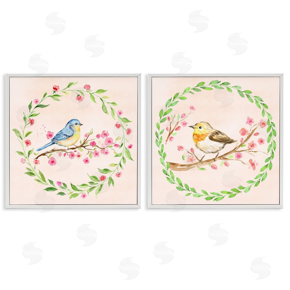 Elena Fay Spring Branches & Wreath Birds White Framed Giclee Print Wall Art