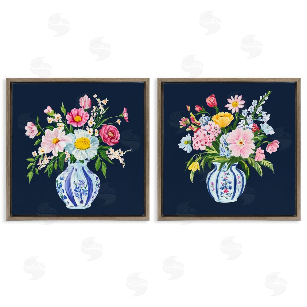 Yen Twin Chinoiserie Vases Brown Floating Frame Canvas Wall Art Print