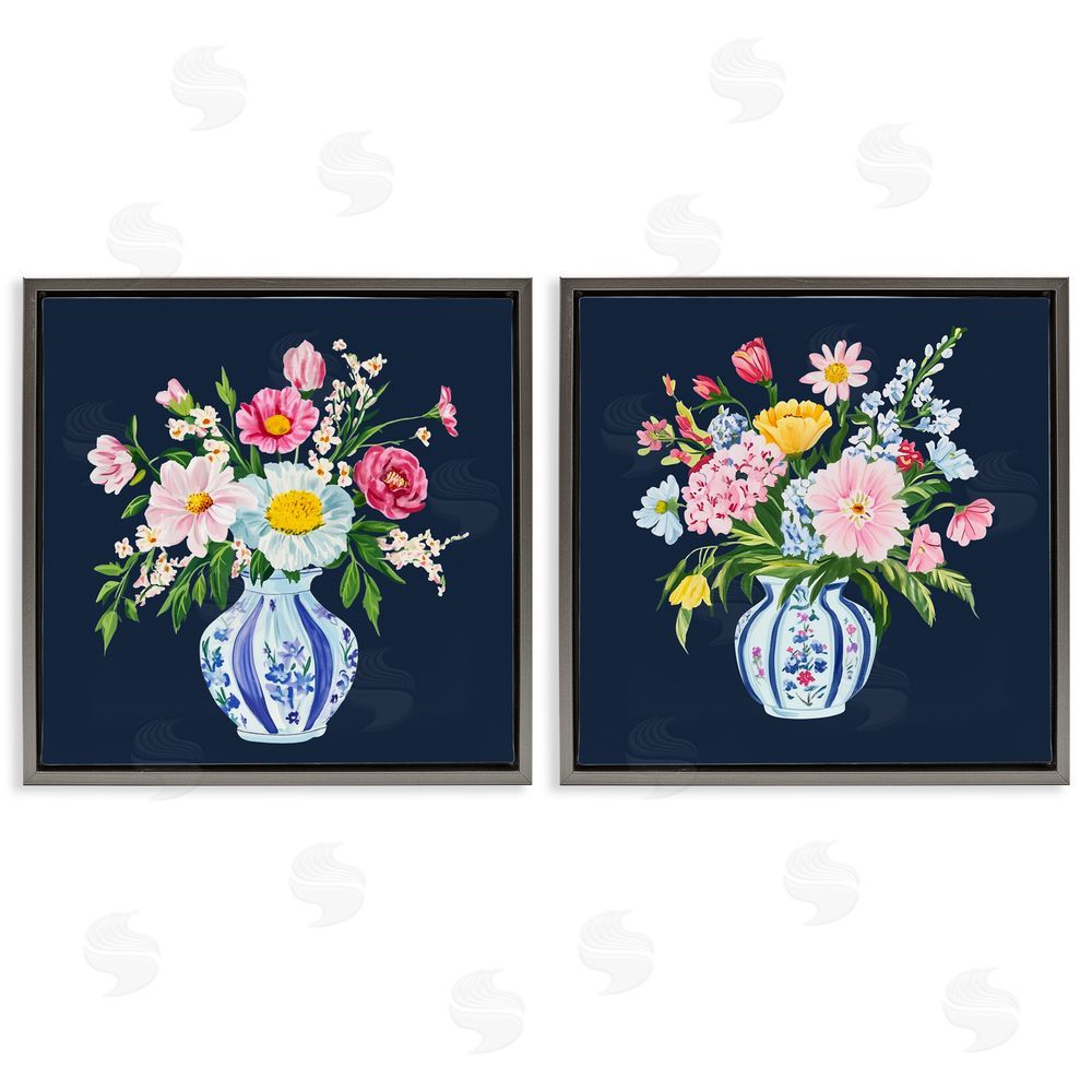 Yen Twin Chinoiserie Vases Gray Floating Frame Canvas Wall Art Print