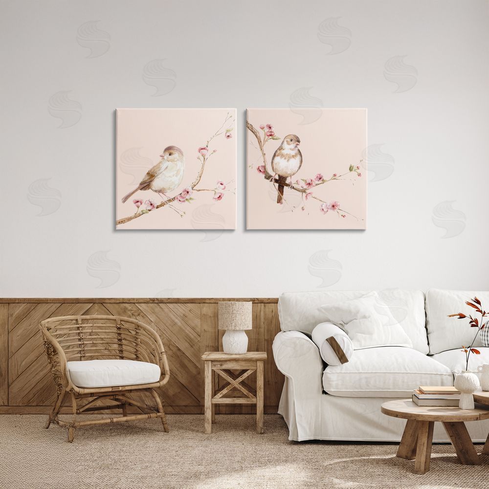 Lisa Wehmeyer Sweetest Brown Birds Branch Stretched Canvas Wall Art Print in Room