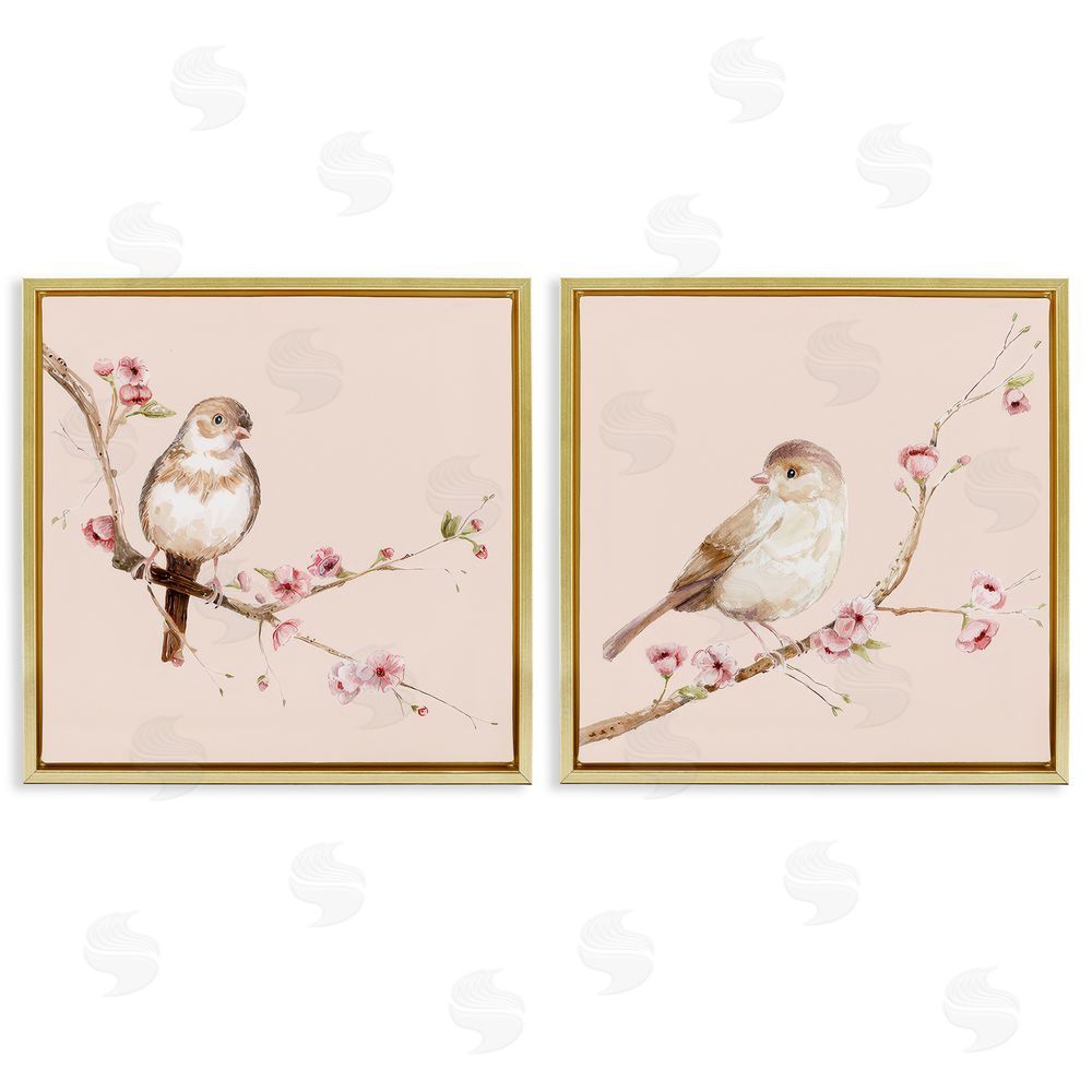 Lisa Wehmeyer Sweetest Brown Birds Branch Gold Floating Frame Canvas Wall Art Print