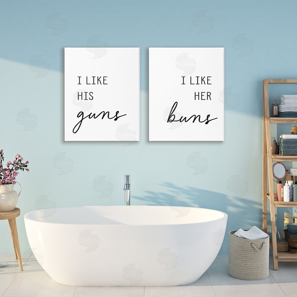 Lettered and Lined Like His Guns & Her Buns Stretched Canvas Wall Art Print in Room
