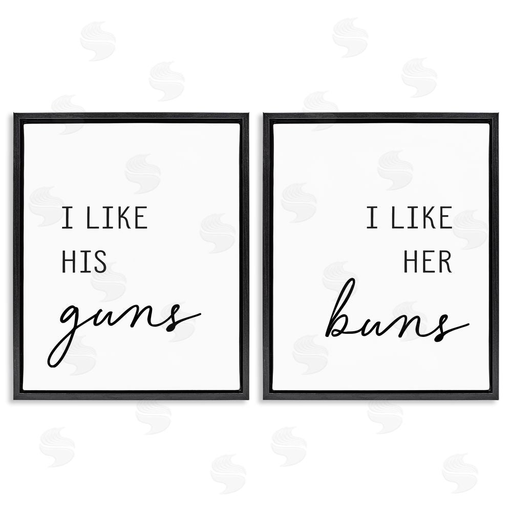 Lettered and Lined Like His Guns & Her Buns Black Floating Frame Canvas Wall Art Print