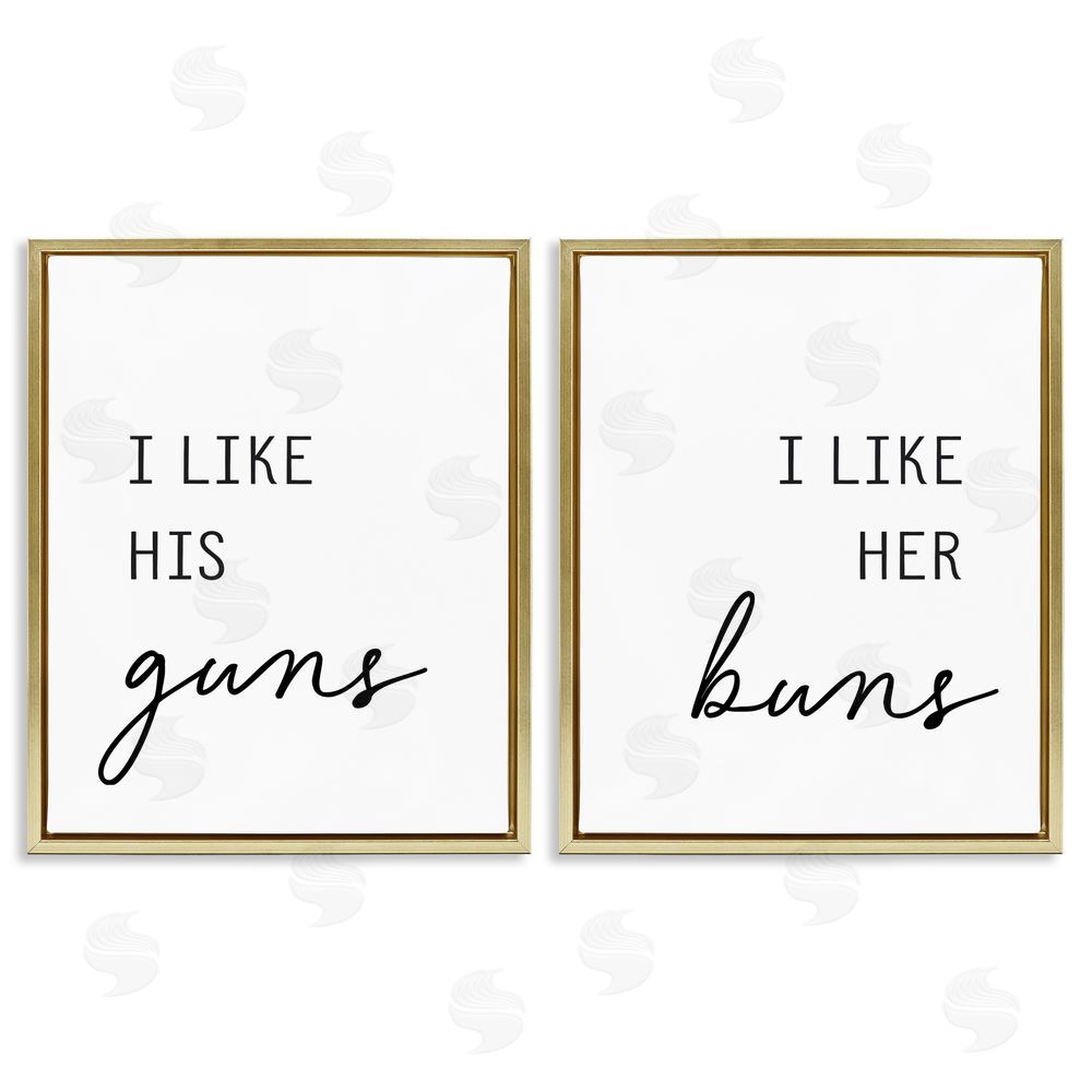 Lettered and Lined Like His Guns & Her Buns Gold Floating Frame Canvas Wall Art Print