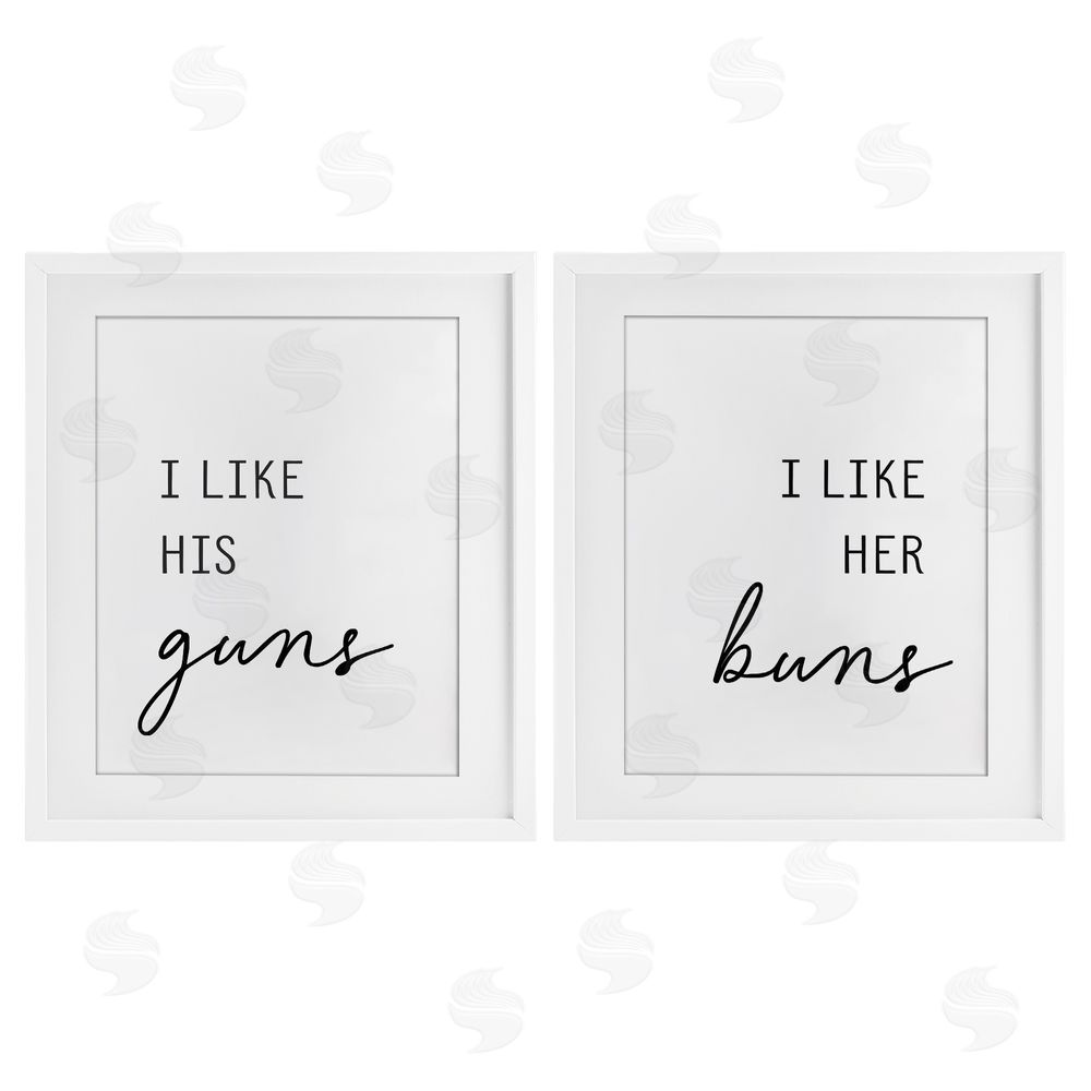 Lettered and Lined Like His Guns & Her Buns White Framed Print Under Glass Wall Art
