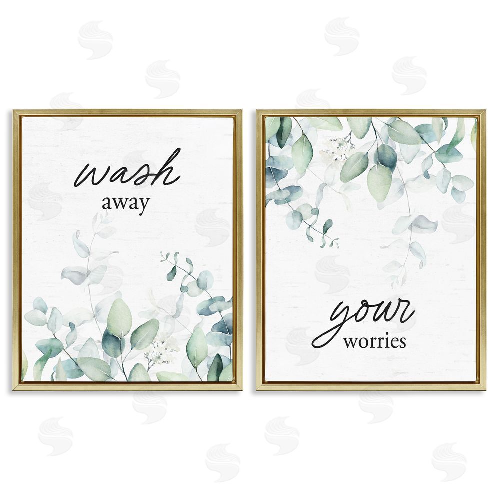 Lettered and Lined Wash Away Your Worries Leaves Gold Floating Frame Canvas Wall Art Print