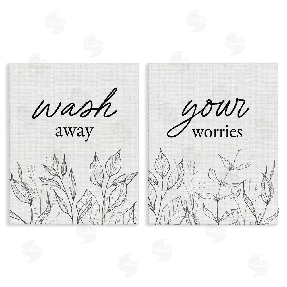 Lettered and Lined Wash Away Worries Minimalist Leaves Stretched Canvas Wall Art Print