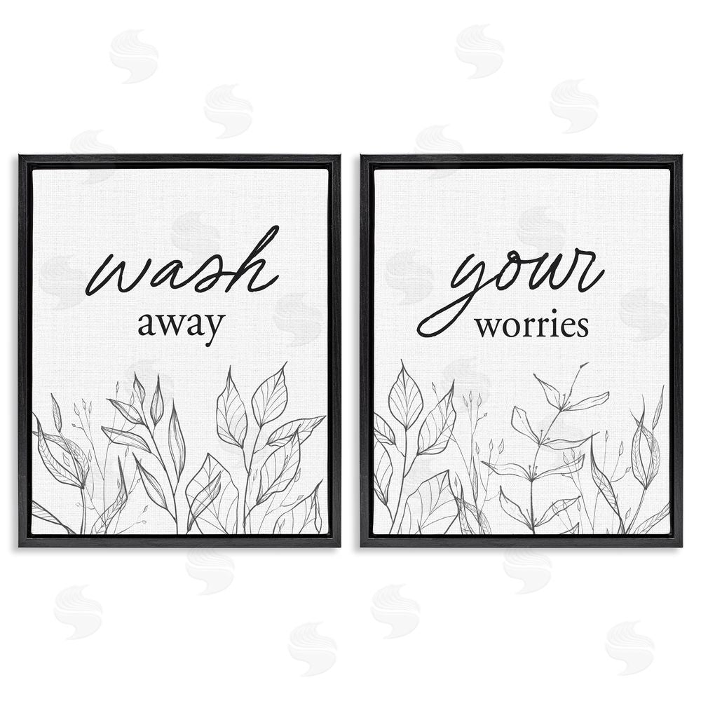 Lettered and Lined Wash Away Worries Minimalist Leaves Black Floating Frame Canvas Wall Art Print