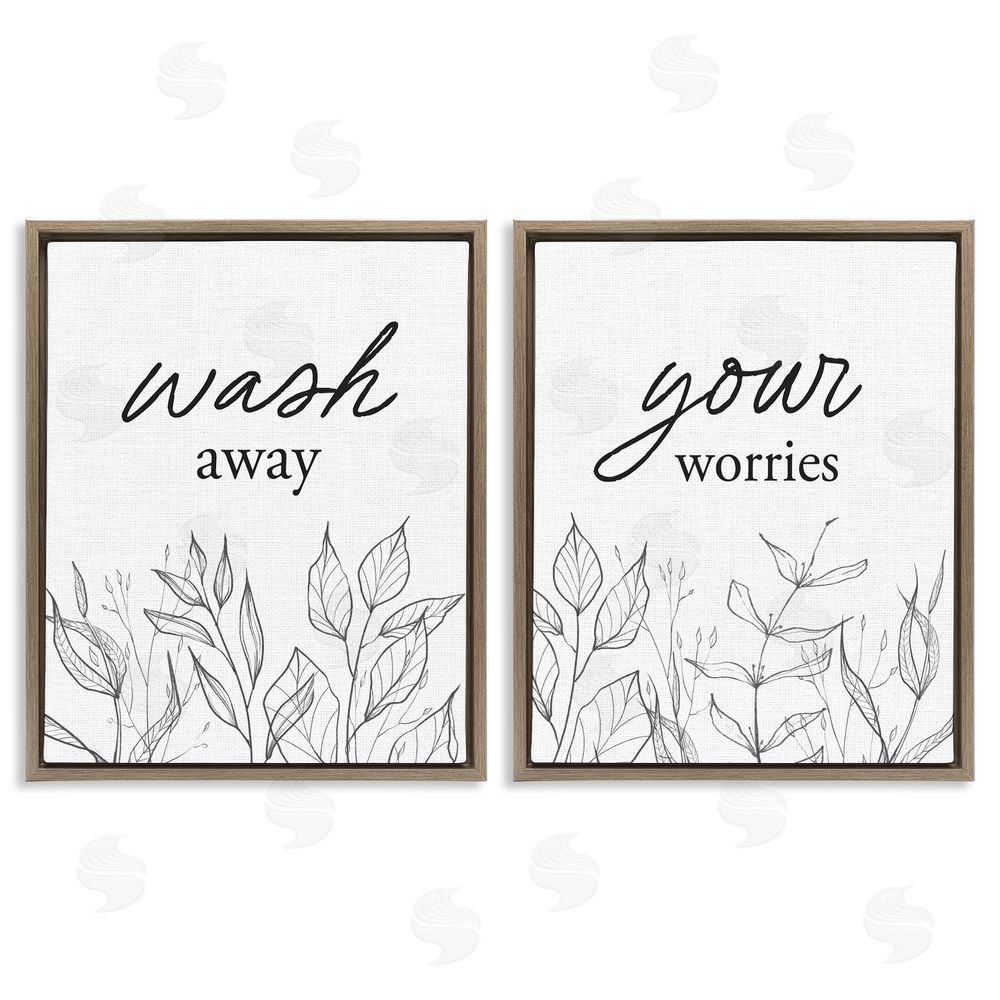 Lettered and Lined Wash Away Worries Minimalist Leaves Brown Floating Frame Canvas Wall Art Print