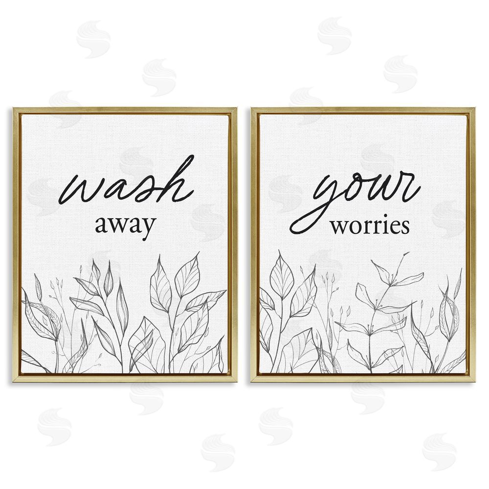 Lettered and Lined Wash Away Worries Minimalist Leaves Gold Floating Frame Canvas Wall Art Print