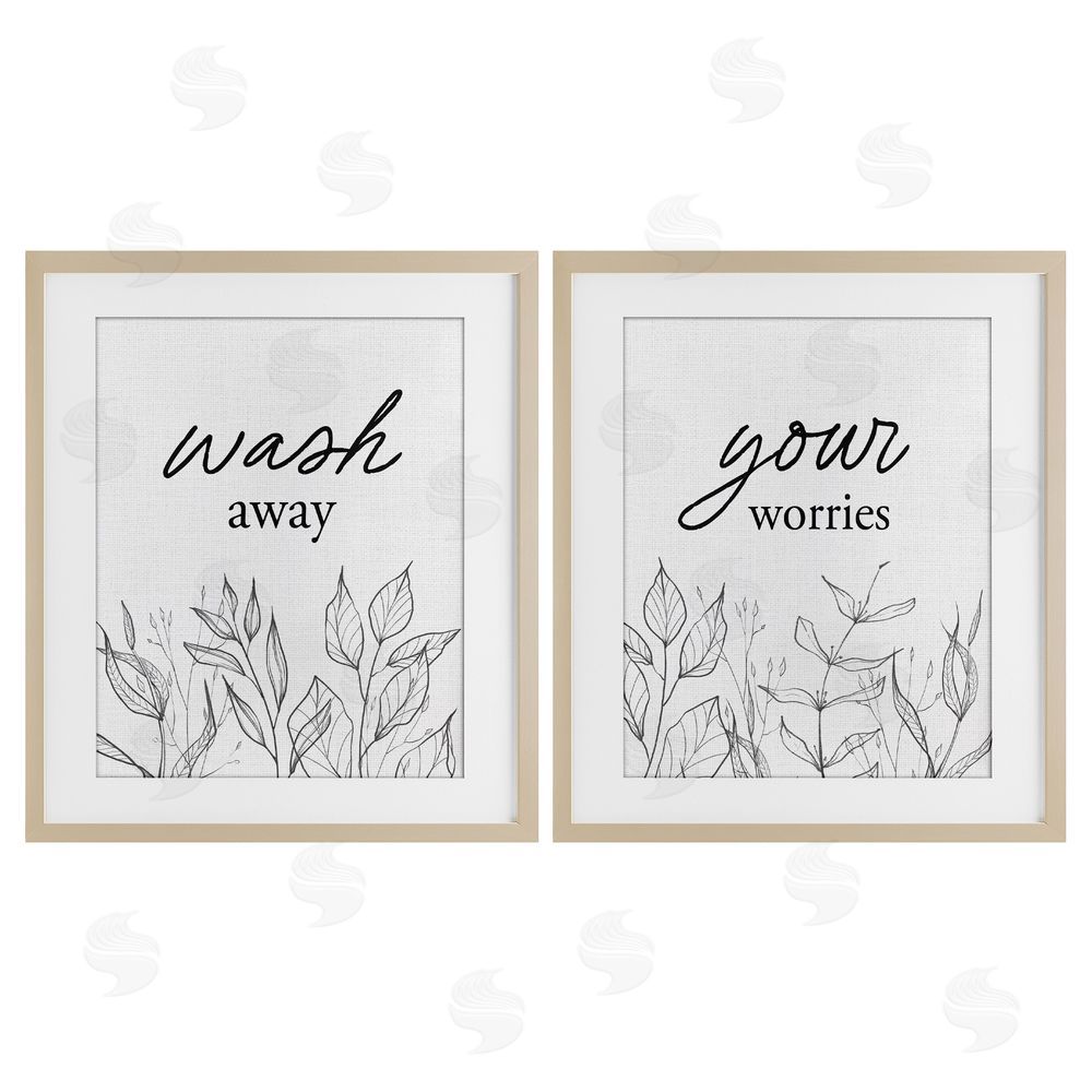 Lettered and Lined Wash Away Worries Minimalist Leaves Brown Framed Print Under Glass Wall Art