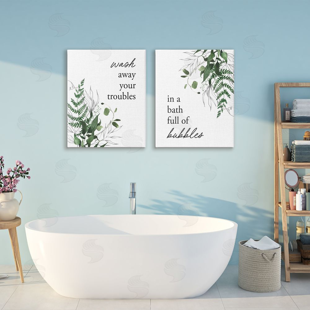 Lettered and Lined Bubble Bath with Forest Foliage Stretched Canvas Wall Art Print in Room