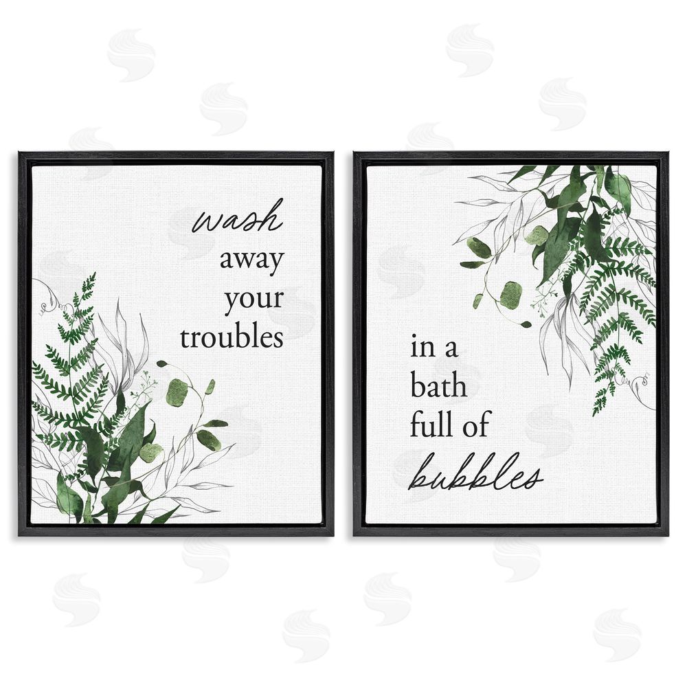 Lettered and Lined Bubble Bath with Forest Foliage Black Floating Frame Canvas Wall Art Print
