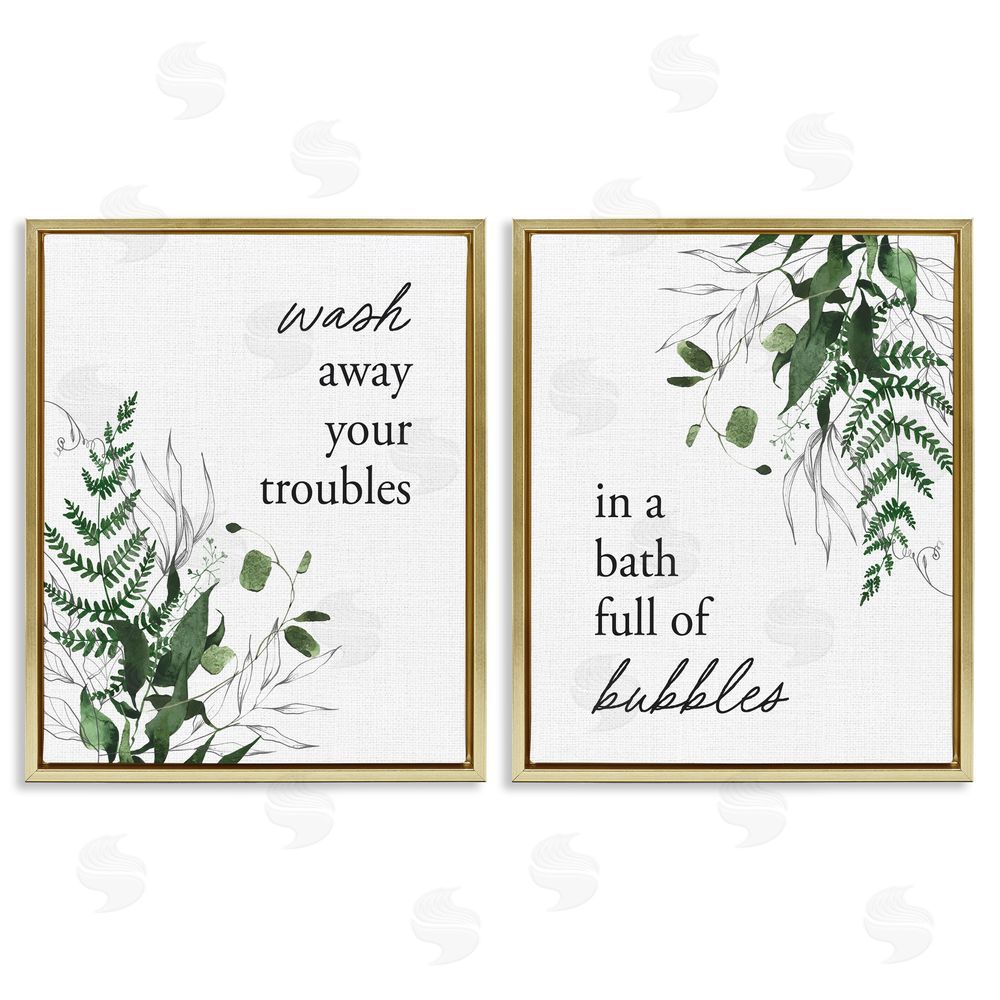 Lettered and Lined Bubble Bath with Forest Foliage Gold Floating Frame Canvas Wall Art Print