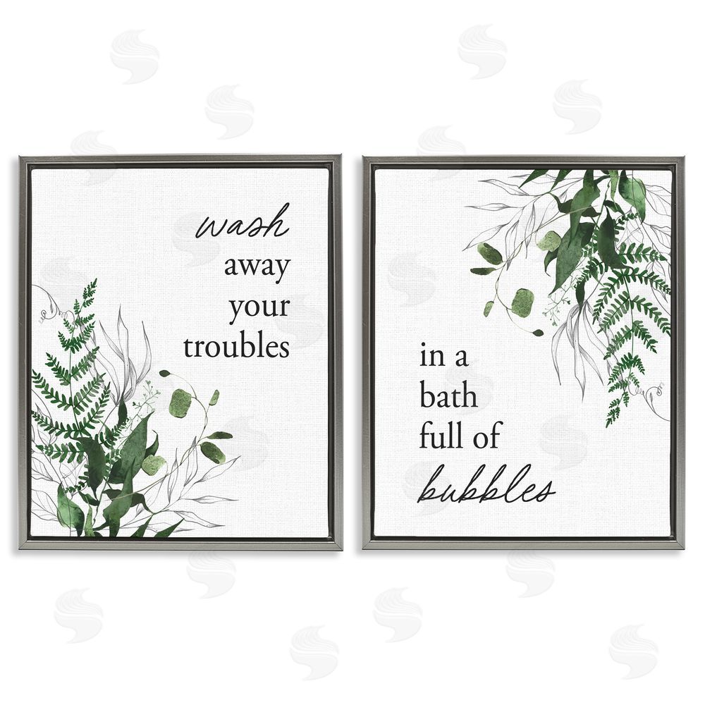 Lettered and Lined Bubble Bath with Forest Foliage Gray Floating Frame Canvas Wall Art Print